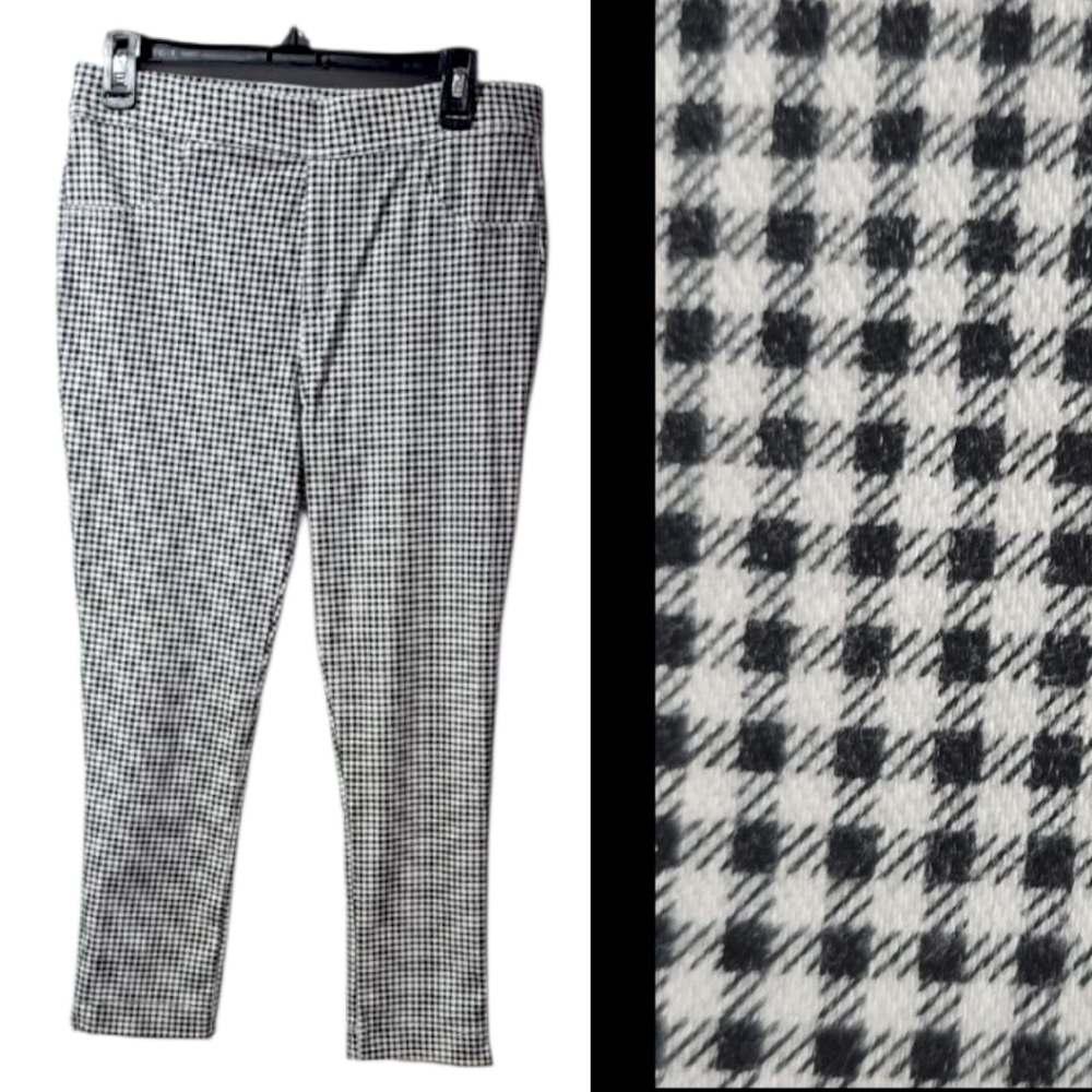 Womens Black White Checker Stretch Pants L ElasticWaistband Pullon Fitted Capri